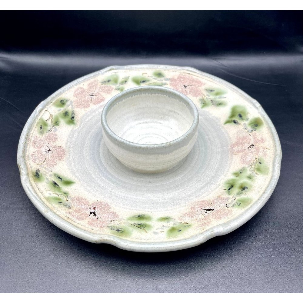 Unique Handmade Artist Signed Pottery Large Chip & Dip Platter w/attached Bowl